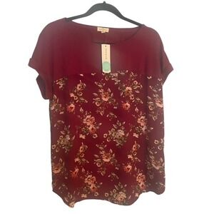 Mason & Belle Floral Top Burgundy Blouse Short Sleeve Size L